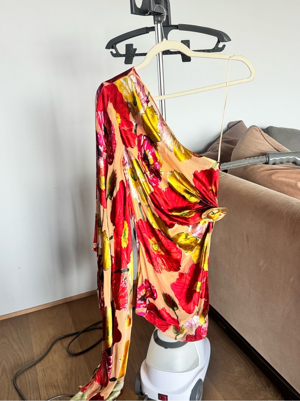 One-Shoulder Floral Satin Dress in Peach and Red